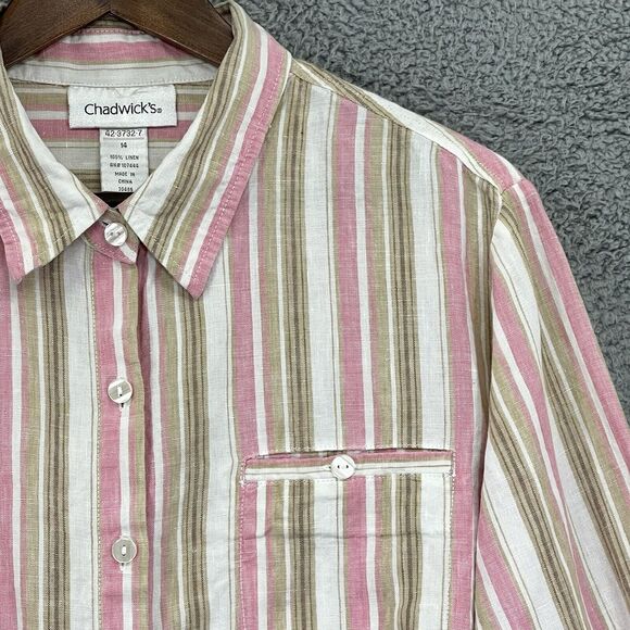 Chadwick's Button Up Top Women 14 Pink Brown Striped Long Sleeve 100% Linen T86 - Picture 3 of 14